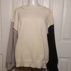 BiBi Women's Block Color Drop Shoulder Sweater - Ivory, Gray, and Black